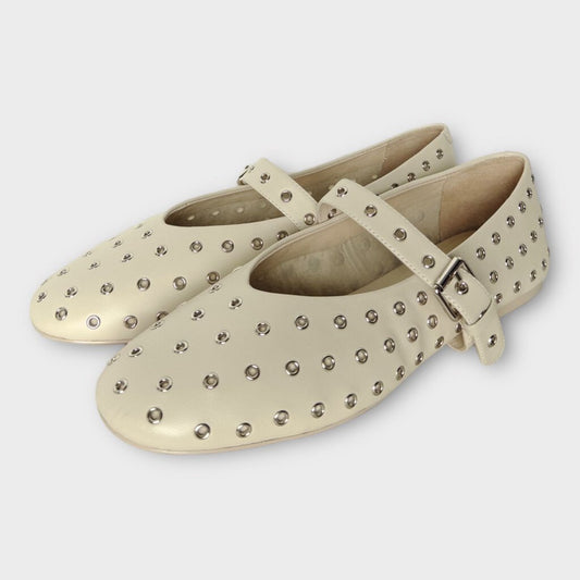Beige Leather Silver Eyelet Mary Jane Pierre Flat