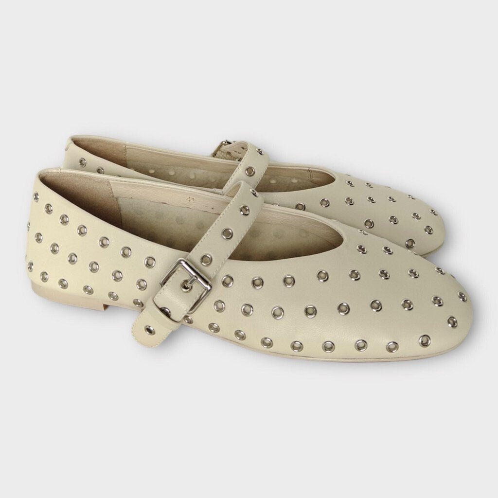 Beige Leather Silver Eyelet Mary Jane Pierre Flat