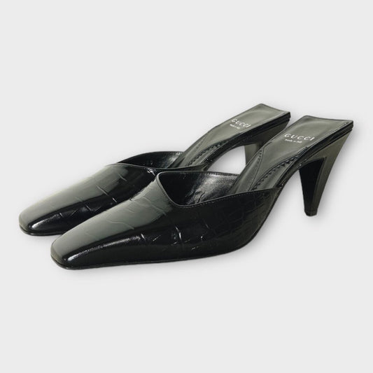 Gucci Black Croc Embossed Pointed Mule Heel