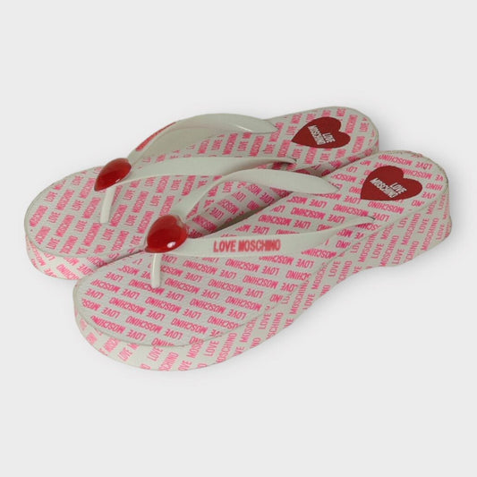 White & Pink Logo Rubber Flip Flops