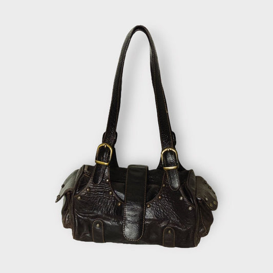 Brown Baguette Studded Shoulder Bag