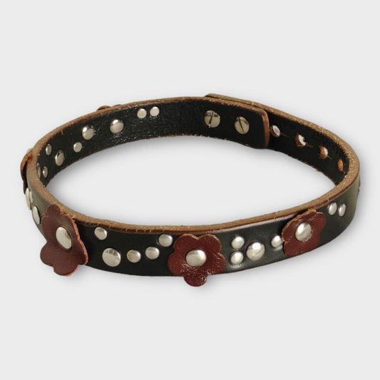 Black & Maroon Leather Flower Choker with Dust Bag
