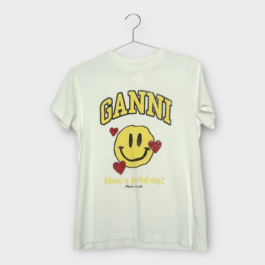 Ganni White Cotton Smiley Face Print Tee