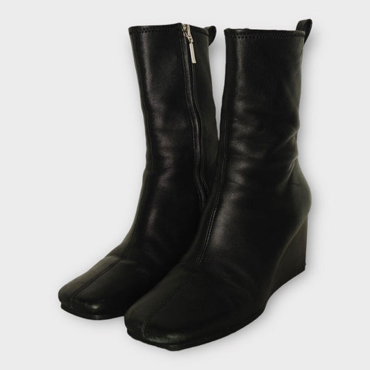 Black Leather Square Toe Wedge Boot