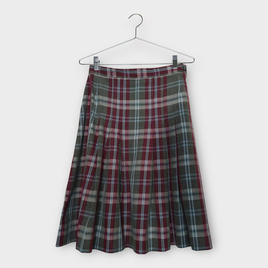 Grey Purple & Blue Plaid Pleat Midi