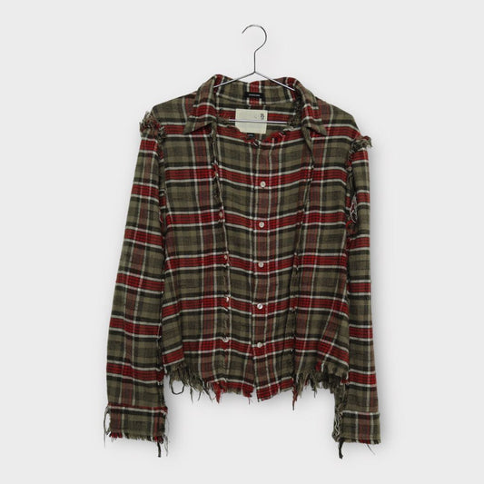 Green & Red Plaid Raw Hem Shirt