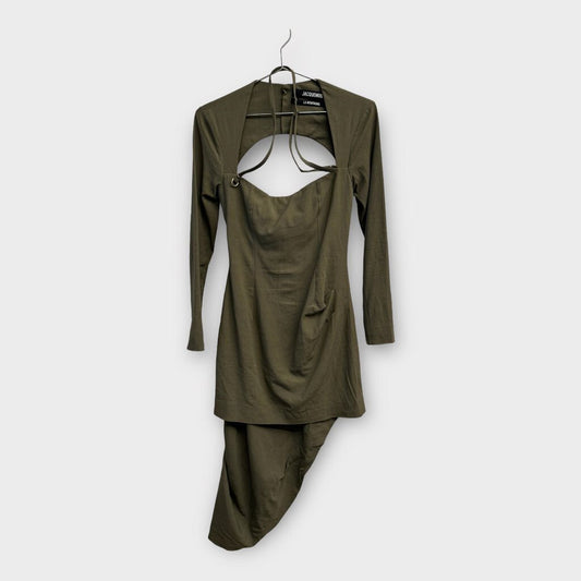 Khaki Green Long Sleeve Open Back Mini Dress