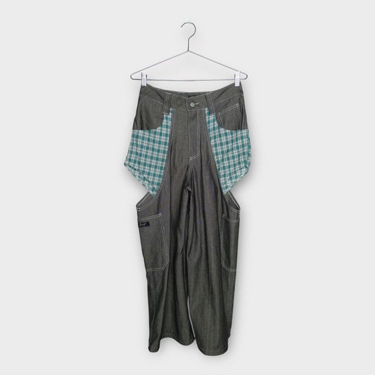 Black & White Drill Denim Cut Out Pants with Gingham Panel