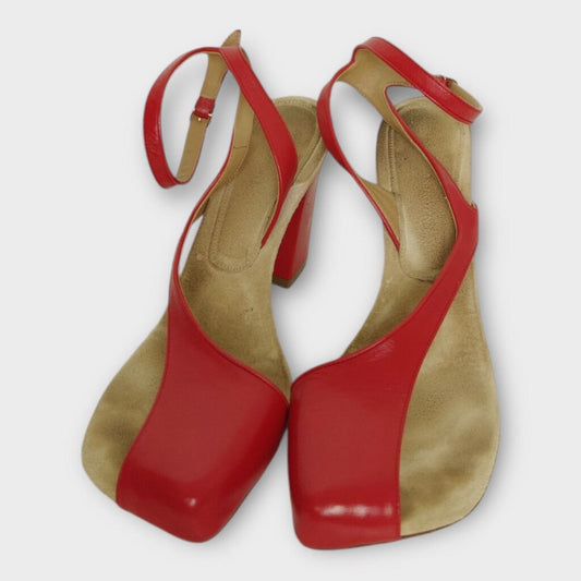 Red Leather Cut Out Square Toe Heel