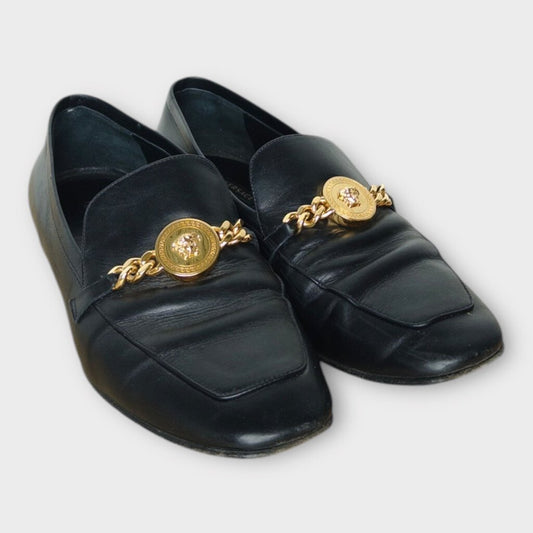 Black Leather Medusa Detail Loafer with Box