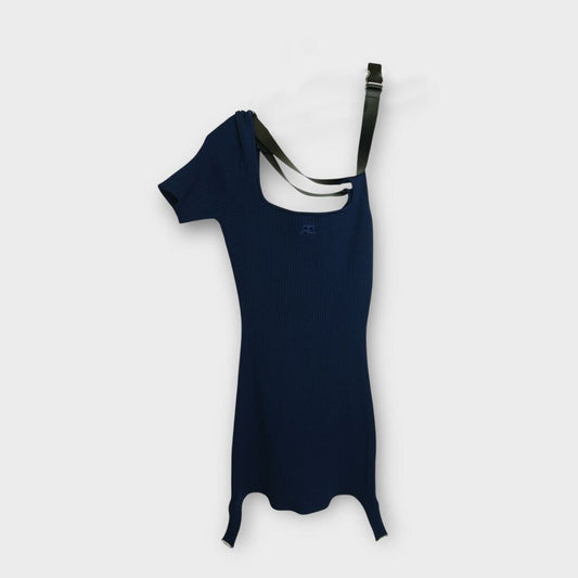 Blue Ribbed Knit Asymmetric Strap Dress
