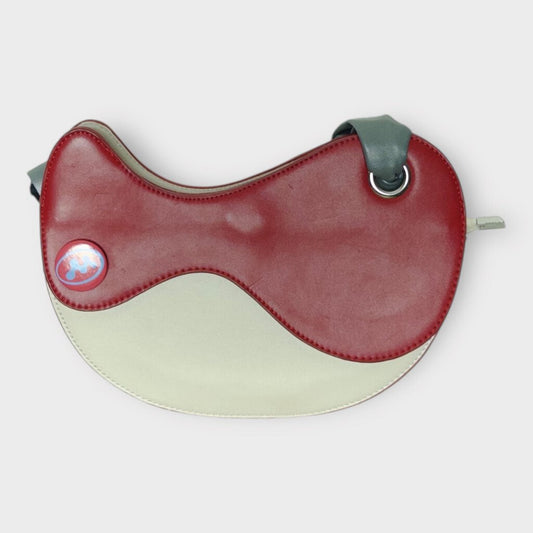 Cream Red Grey Leather Crescent Bag