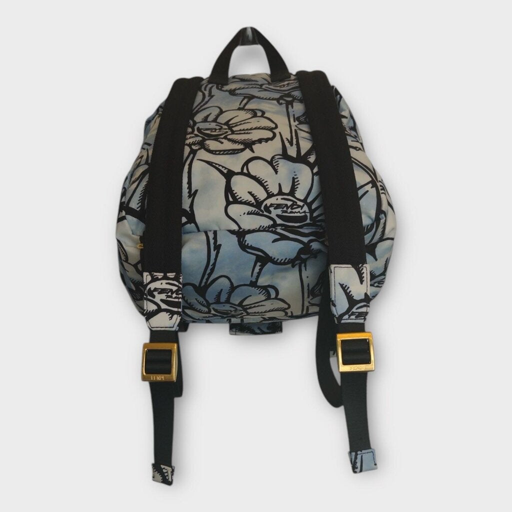 Blue Nylon Flower Print Mini Backpack
