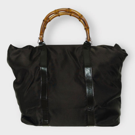 Large Brown Canvas Bamboo Handle Tote