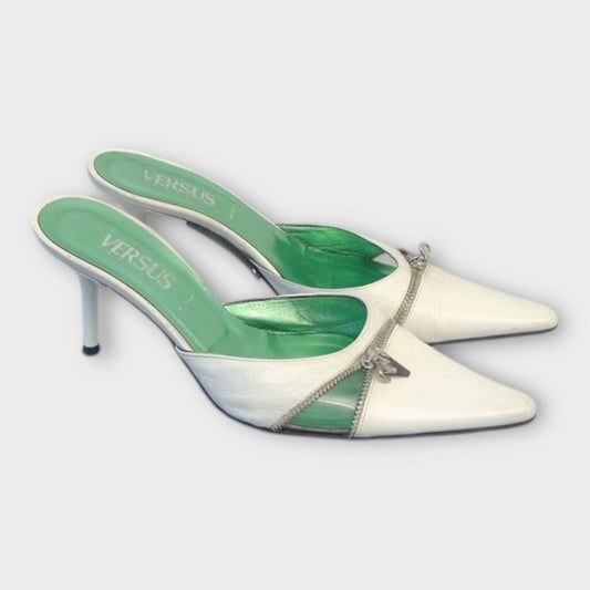 White Zip Pointed Kitten Heels