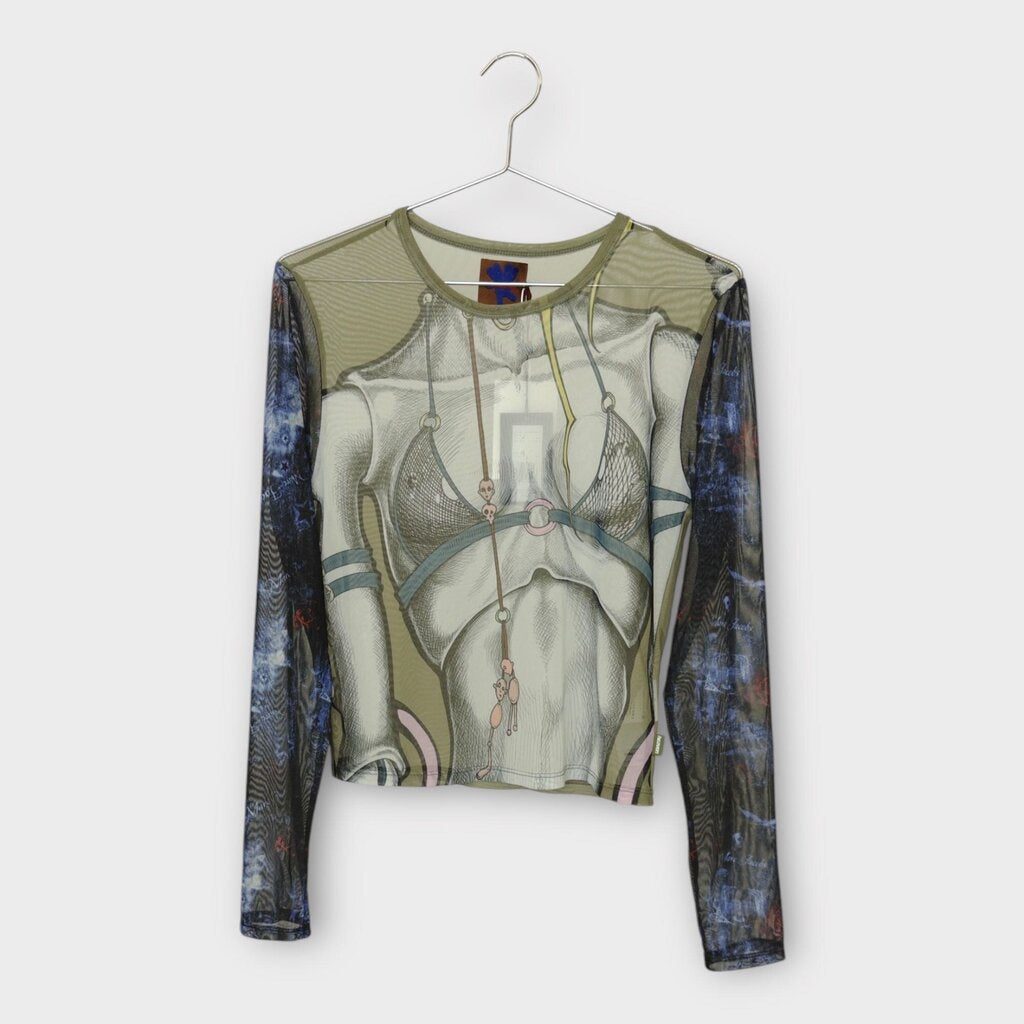 NWT 22 Khaki & Grey Body Illustration Mesh Long Sleeve Top