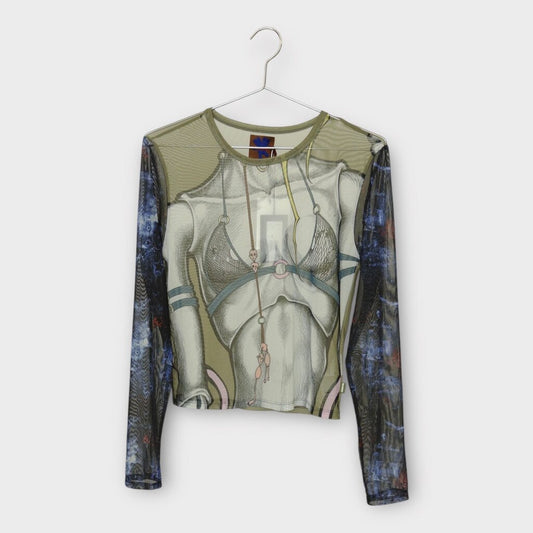 NWT 22 Khaki & Grey Body Illustration Mesh Long Sleeve Top