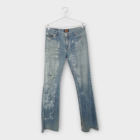 W&LT Walter Van Beirendonck Light Wash Painterly Distressed Boot Cut Jeans