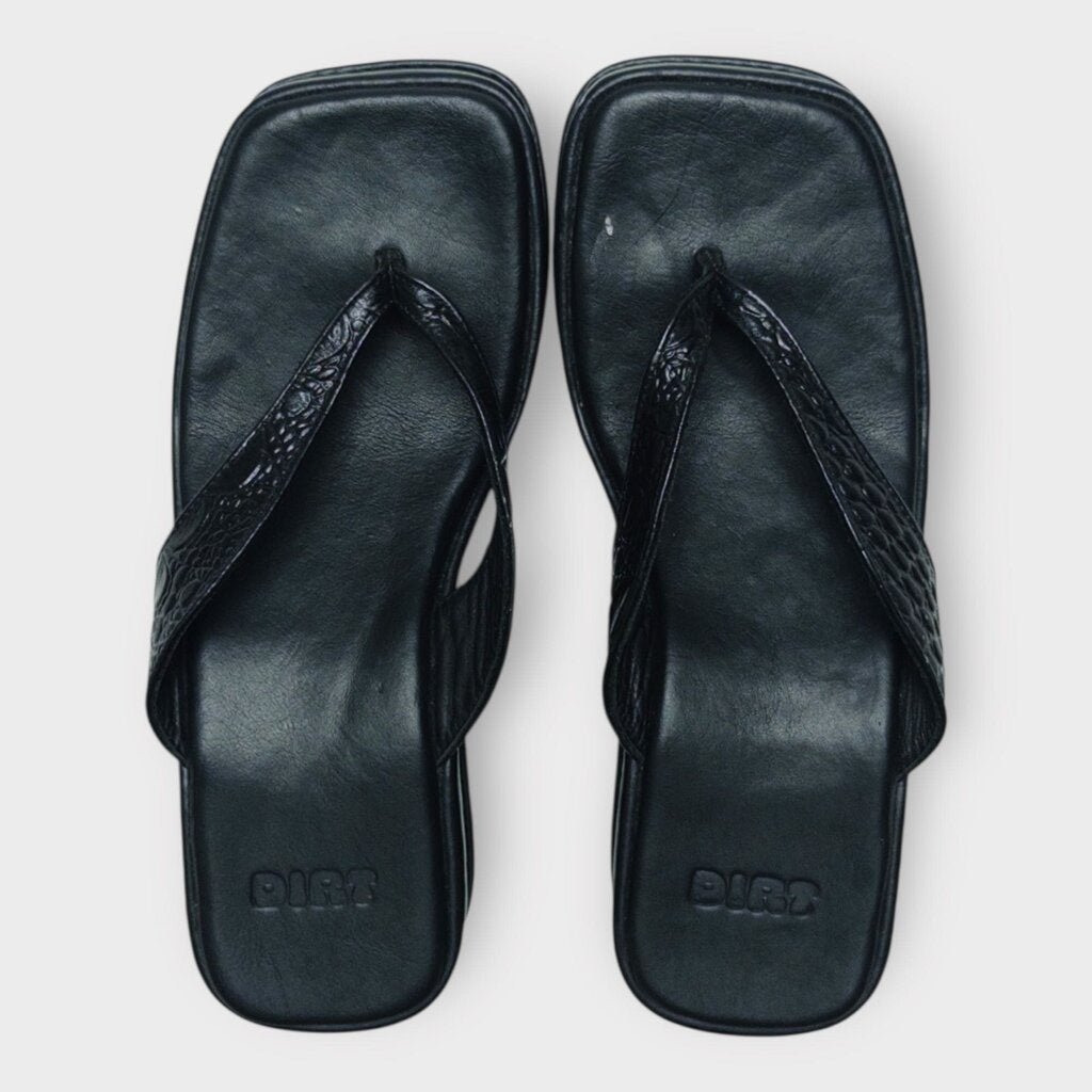 Black Leather Platform Thong Sandals