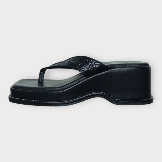 Black Leather Platform Thong Sandals