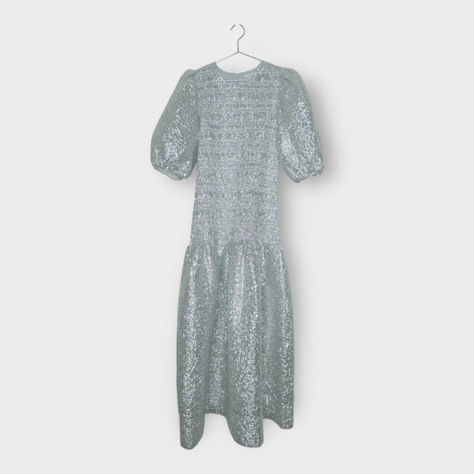 Manoush Silver Shirred Puff Sleeve Maxi Dress