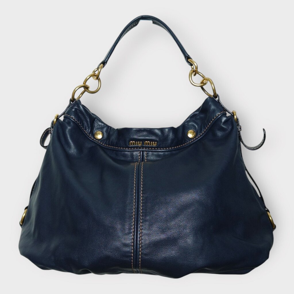 Navy Leather & Gold Hardware Coffer Slouch Bag