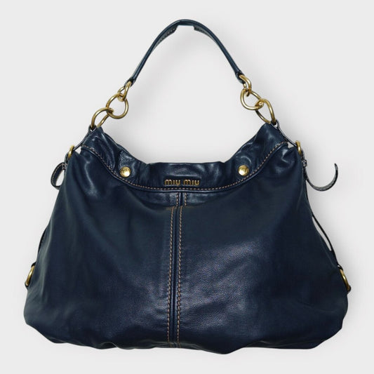 Miu Miu Navy Leather & Gold Hardware Coffer Slouch Bag