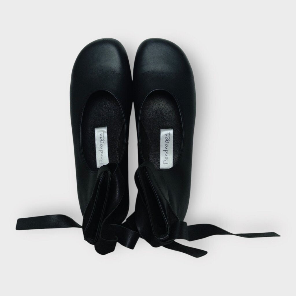Black Leather Lace Up Ballet Flats