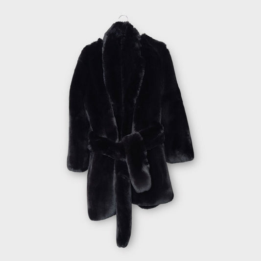 Staud Black Faux Fur Tie Waist Coat