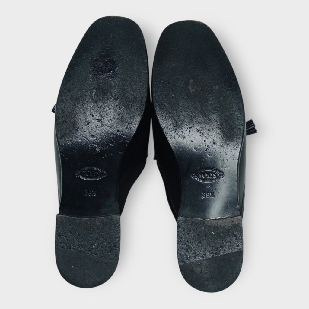 Black Leather Tassel Slide Loafers
