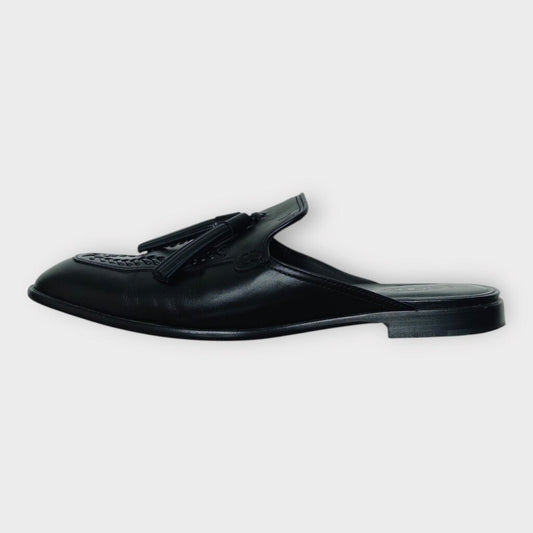 Black Leather Tassel Slide Loafers