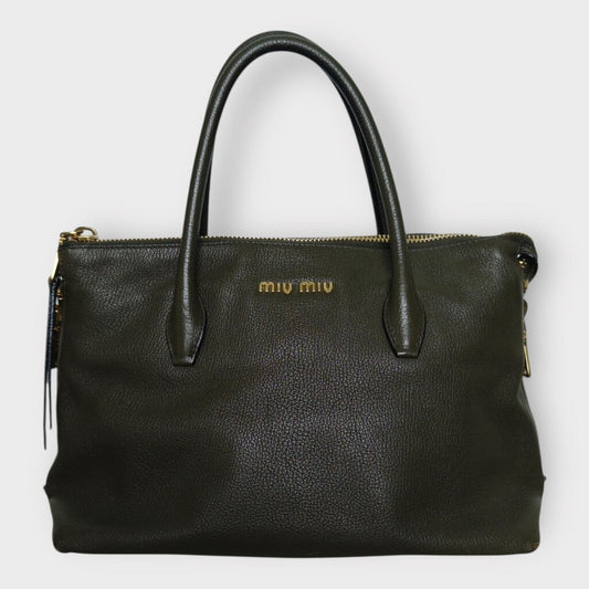 Khaki Leather & Gold Hardware Madras Bag