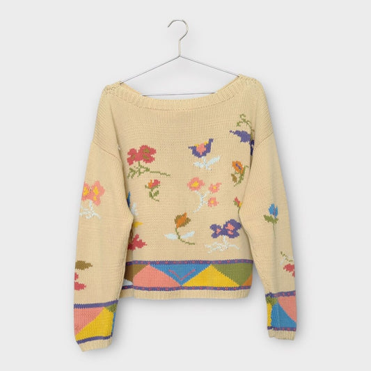 Beige & Floral Hand Knit Jumper