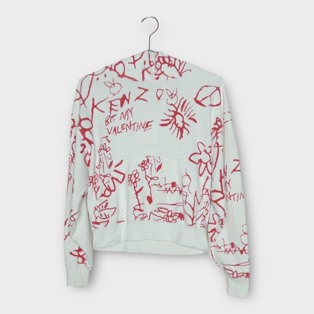 White & Red Print Cropped Hoodie