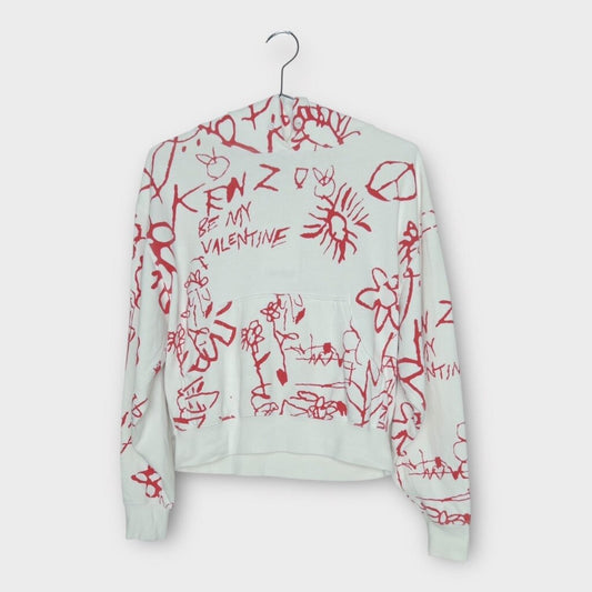 White & Red Print Cropped Hoodie