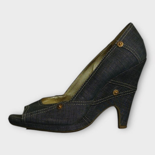 Denim Cut Out Wedge Peep Toe Heels