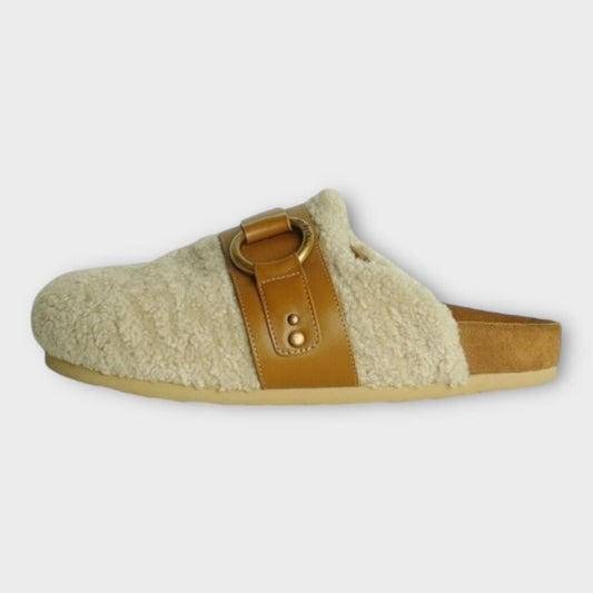 Beige Shearling & Leather Slippers