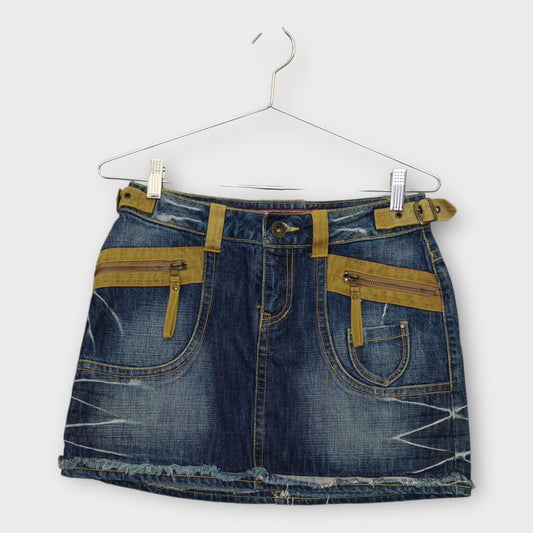 Denim Navy & Brown Denim Suede Details Mini Skirt