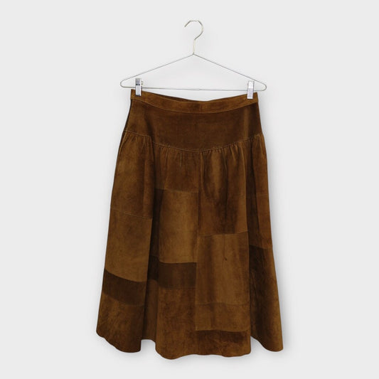 Brown Suede Panelled Midi Skirt