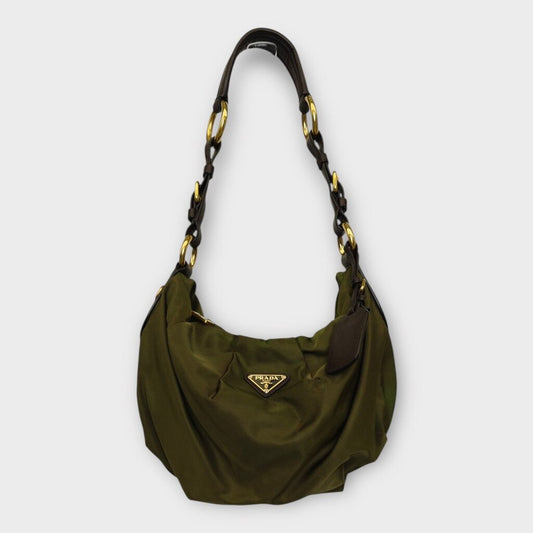Khaki Pleated Tessuto Shoulder Bag