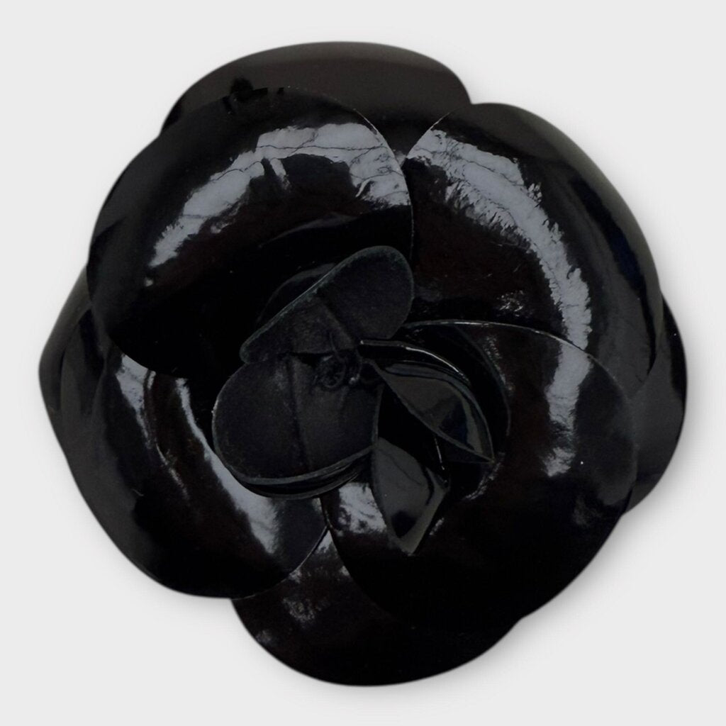 Black Vinyl Camelia Flower Corsage Brooch & Box