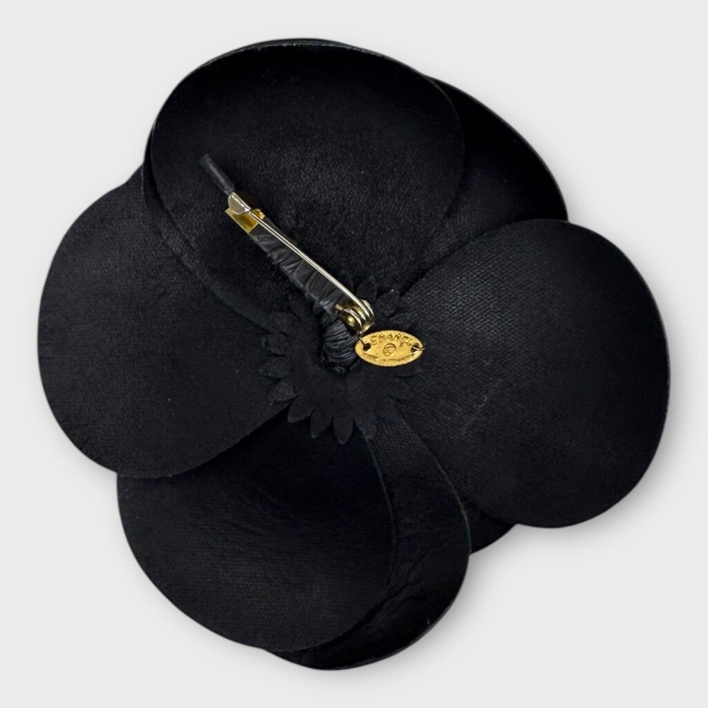 Black Vinyl Camelia Flower Corsage Brooch & Box