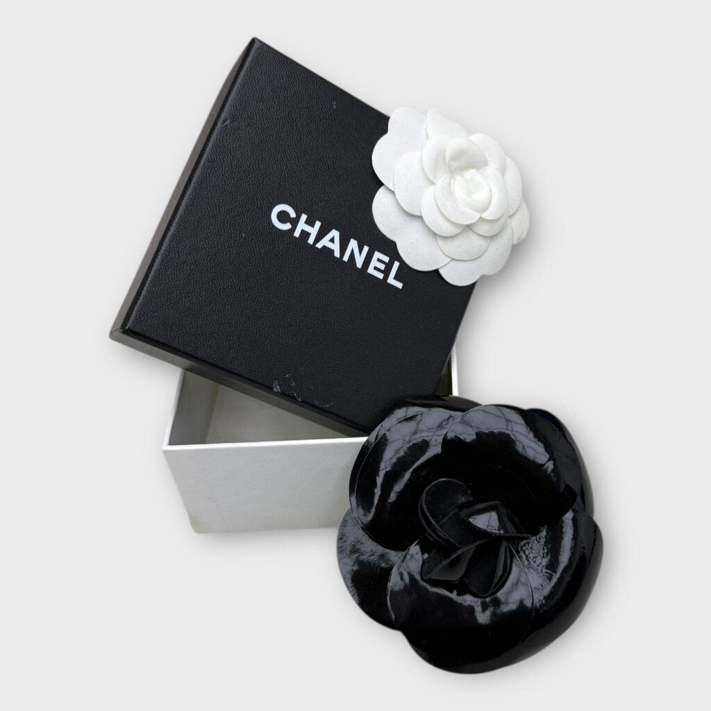 Black Vinyl Camelia Flower Corsage Brooch & Box