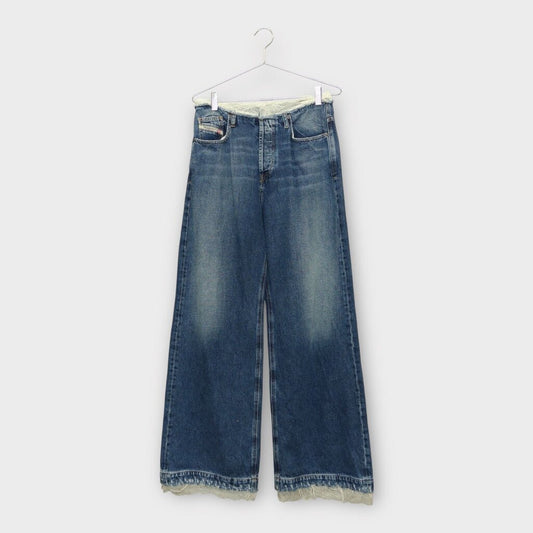 Midwash Denim White Lace Trim Wide Leg Jeans
