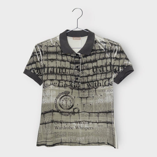 Grey White Black Newspaper Print Polo