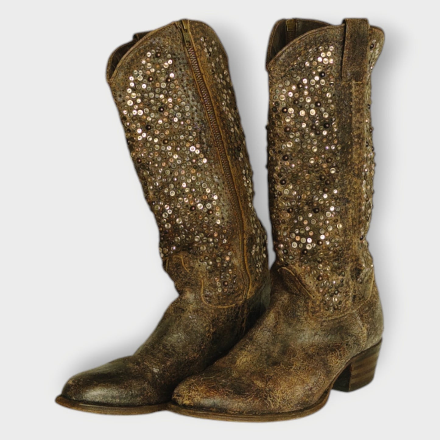 Cracked Leather & Stud Cowboy Boots
