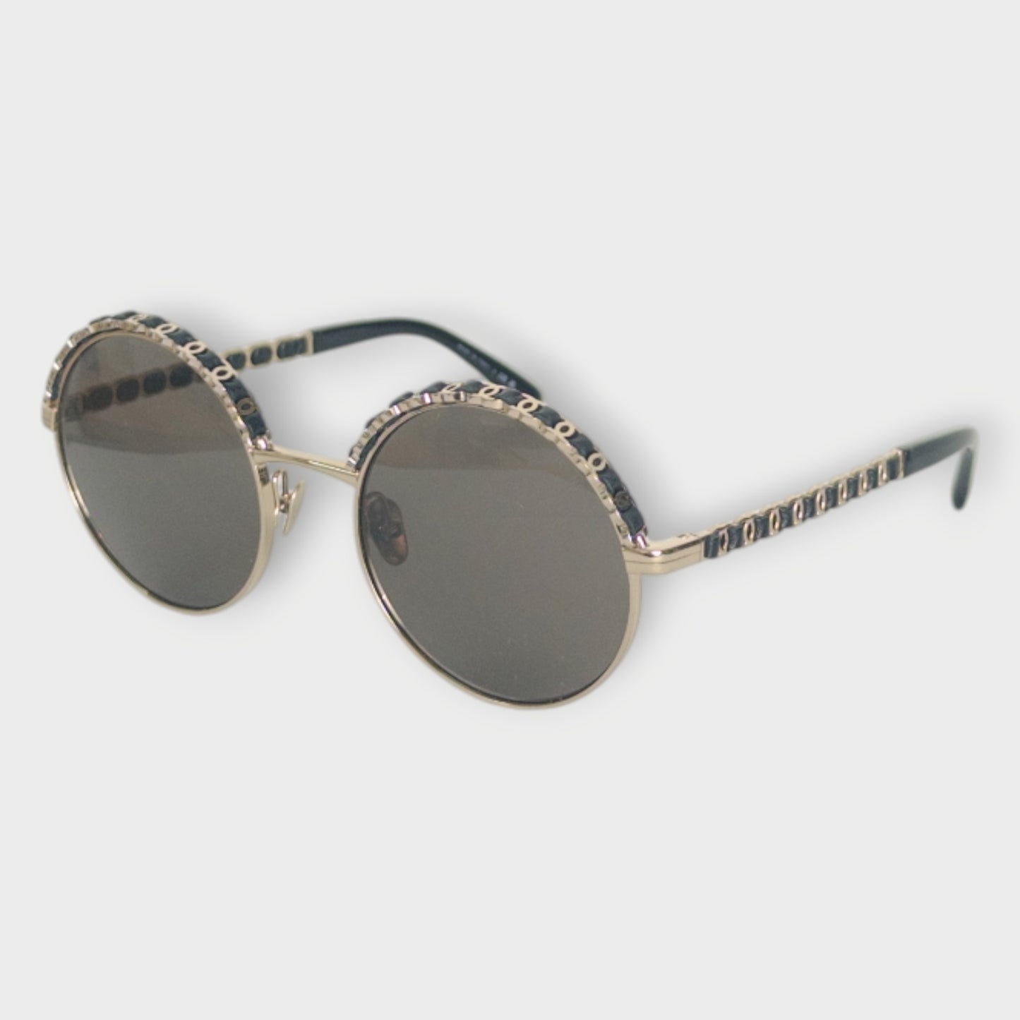 Round Gold Leather Trim Sunglasses