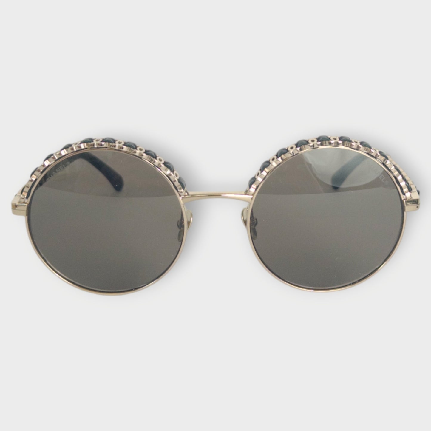 Round Gold Leather Trim Sunglasses