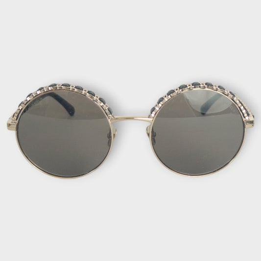 Round Gold Leather Trim Sunglasses