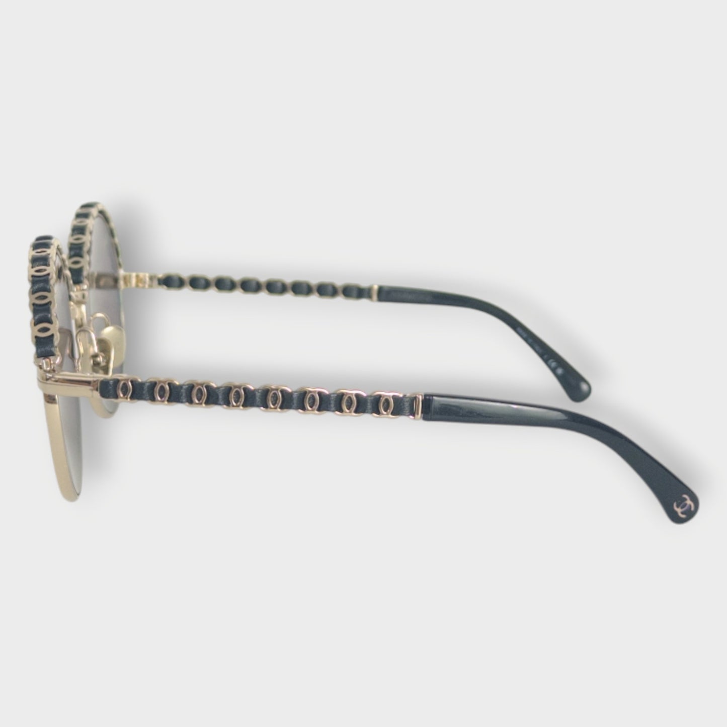 Round Gold Leather Trim Sunglasses